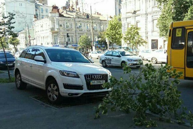 У центрі Києва водій позашляховика припаркувався прямісінько на дерево