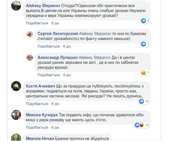 Реакція користувачів фейсбук на прогнози Української зернової асоціації