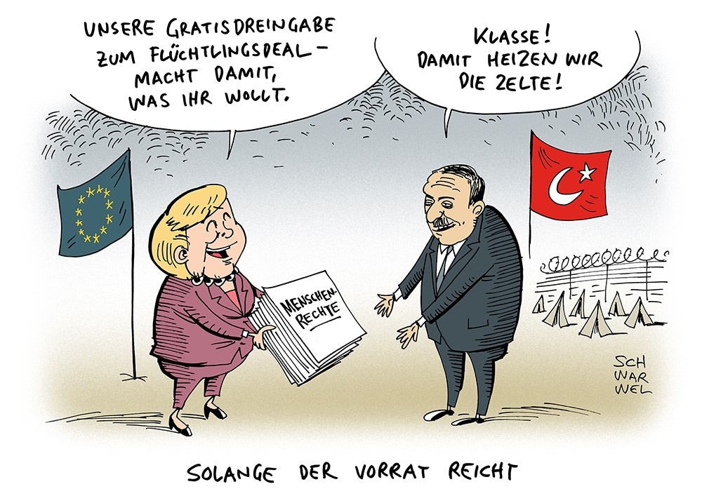 Анґела Меркель: «Наш подарунок до угоди про біженців – права людини». Реджеп Ердоган: «Чудово! Ми підігріємо ними намети!». Карикатура: Schwarwel.de