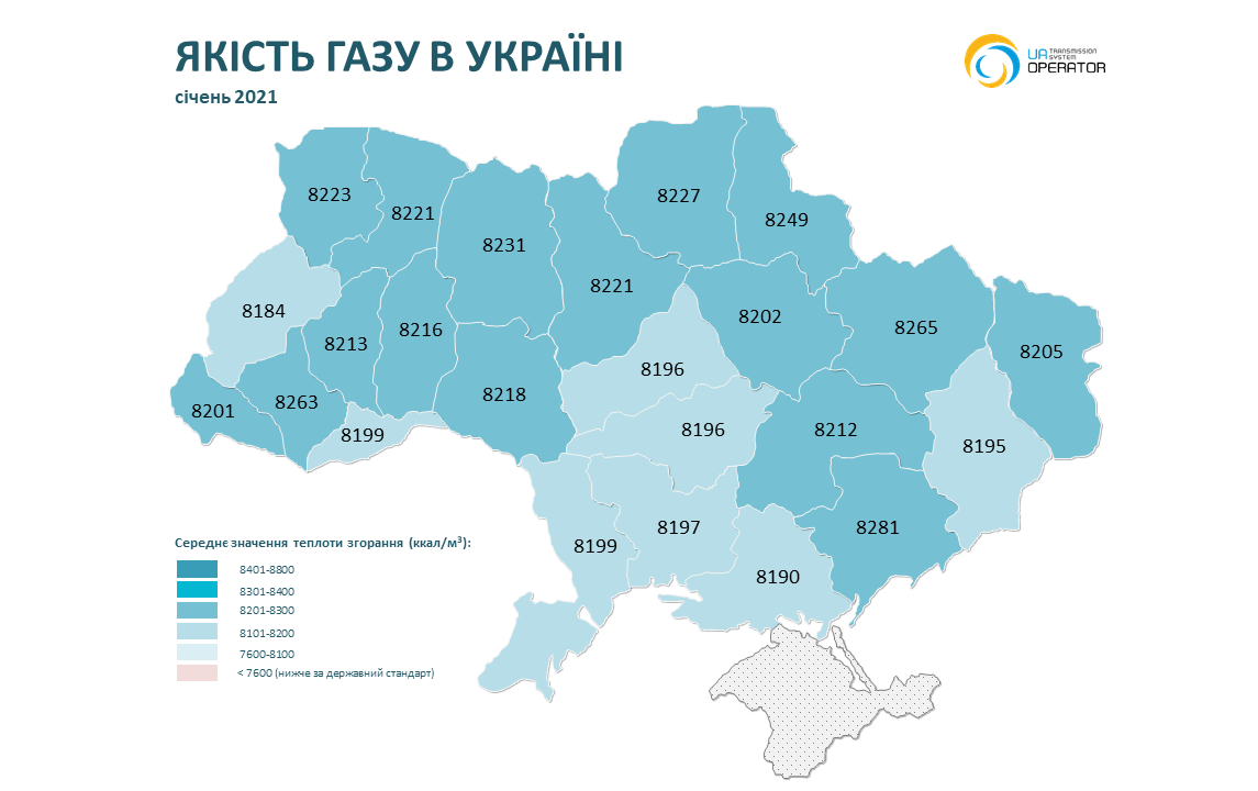 Якість газу в січні 2021 року по областях України. Фото: Оператор ГТС