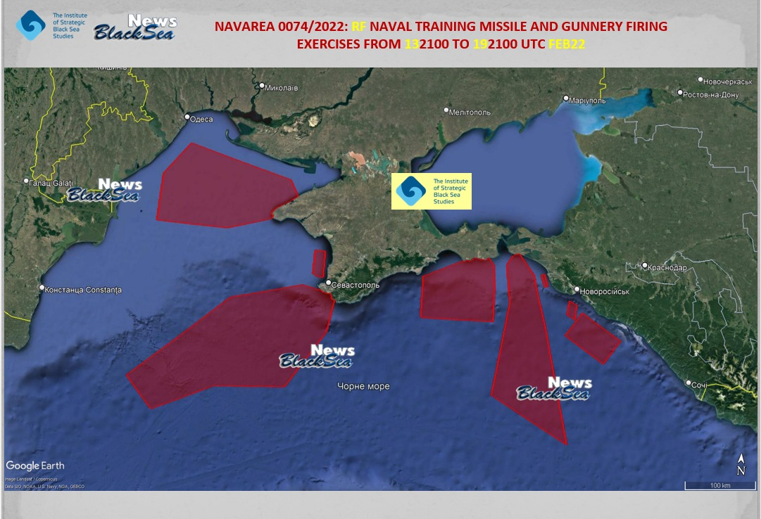 Карта перекриття районів Чорного моря для навчань РФ з ракетними та артилерійськими стрільбами станом на 11 лютого