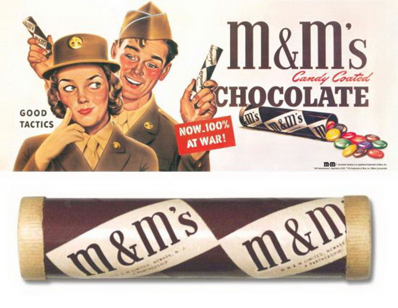  M&Ms.  Это разноцветное драже было придумано во время Гражданской войны в Испании (1936-39), когда американский предприниматель Форрест Марс старший, сын основателя компании Mars, увидел, как солдаты едят кусочки шоколада в сахарной корочке, чтобы они не таяли на солнце.