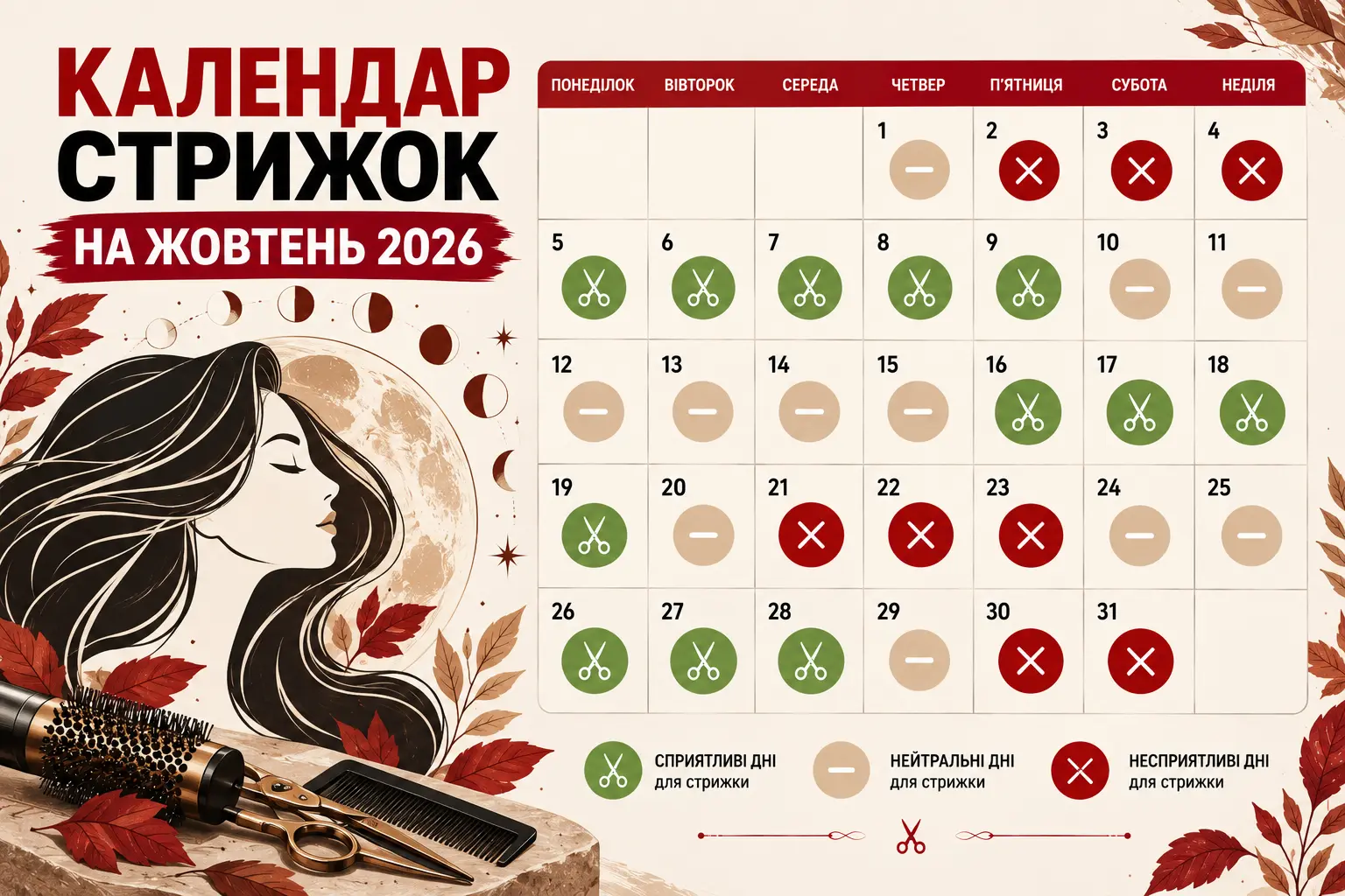 Календар стрижок на жовтень 2026: коли найкращі дні для стрижки