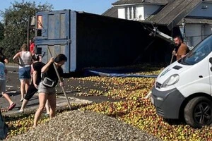 На Івано-Франківщині перекинулася фура, дорогу засипало яблуками
