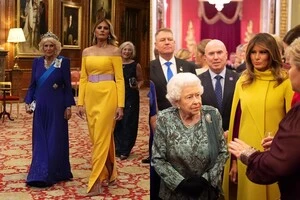 Королева Камілла та Меланія Трамп 17 вересня 2025 року; перша леді США з Єлизаветою II у грудні 2019 року