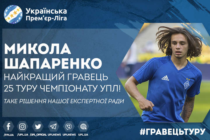 19-річний футболіст «Динамо» Шапаренко – найкращий гравець 25-го туру Прем'єр-ліги