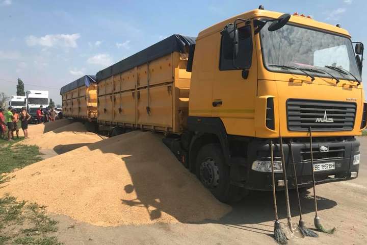 На Миколаївщині власник вантажівок посварився з ваговою інспекцією та викинув зерно на дорогу
