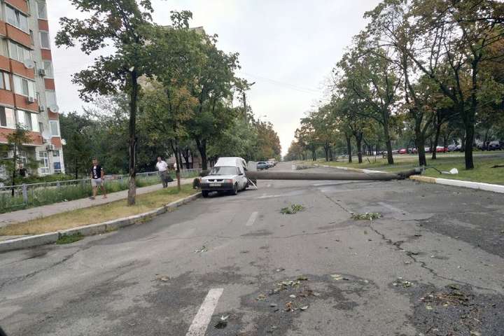 Негода в Києві: на припарковану автівку впав стовп і розрізав її навпіл (фото)