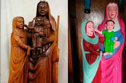 Дева Мария и святой Петр в кислотных цветах. В Испании испортили средневековую скульптуру