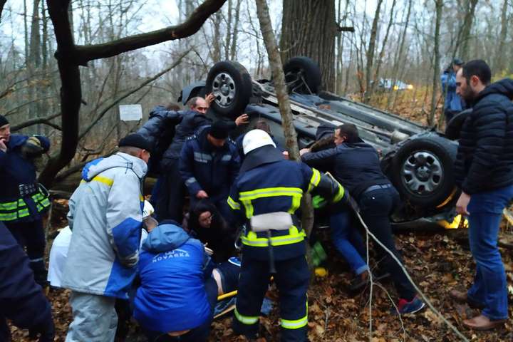 ДТП із дикою твариною на Київщині: машину викинуло в ліс і перевернуло на дах