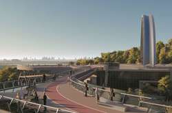 На фото проекту «мосту Кличка» можна побачити приміщення, які планують збудувати на землі під мостом