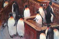  Картина у кабінеті Андрія Богдана, на якій зображена трибуна Верховної Ради, за якою замість депутатів пінгвіни 