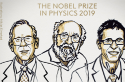 Лауреати Нобелівської премії з фізики 2019 року (зліва направо) — Джеймс Піблз, Мішель Майор та Дідьє Квелоз