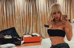  Поп-исполнительница облачилась в откровенный наряд из мерцающей ткани 
  