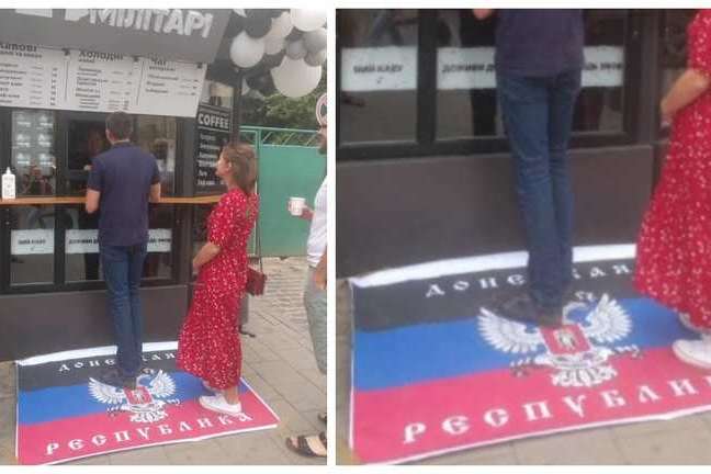 У Львові кав'ярня постелила прапор бойовиків замість килимка (фото)
