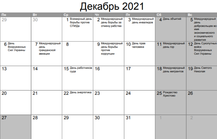 Как украинцы будут отдыхать в декабре: календарь праздников и выходных