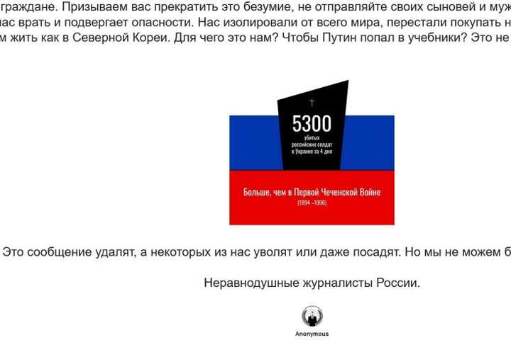 «Зупинимо Путіна!». Anonymous зламали рупор Кремля і вивісили банер