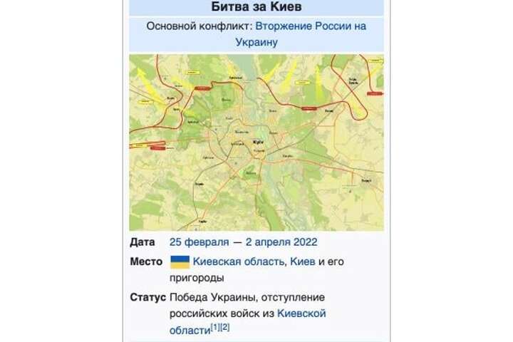 Російська версія Вікіпедії визнала перемогу України в «Битві за Київ» (фото)