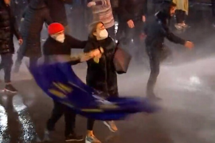 Протести у Грузії: смілива жінка вийшла з прапором ЄС проти водомета (відео)