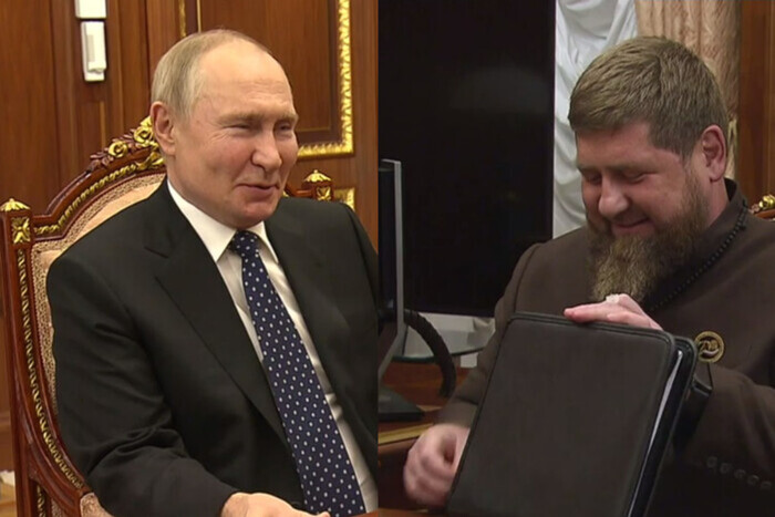 Распухший Кадыров, Путин вцепился в стол: кадры встречи двух преступников (видео)