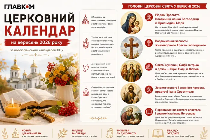 Церковний календар на вересень 2026 року: головні свята та пам’ятні дати