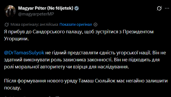 Петер Мадяр жорстко розкритикував президента Угорщини після зустрічі з ним фото 1