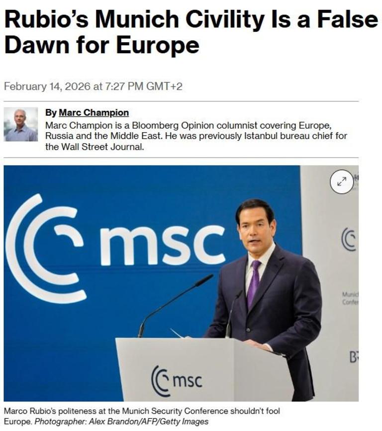 Bloomberg: «Мюнхенська ввічливість Рубіо – це фальш в лице Європи»