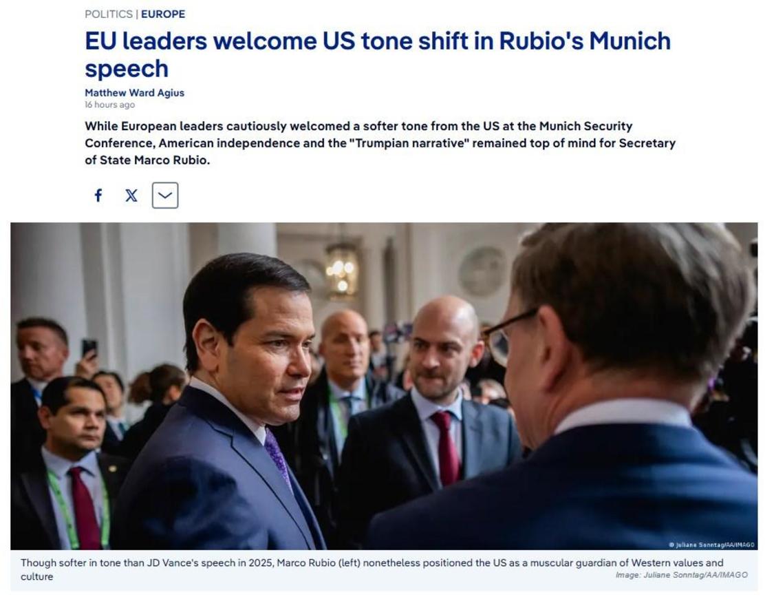 DW: «Лідери ЄС вітають зміну тону США у мюнхенській промові Рубіо»