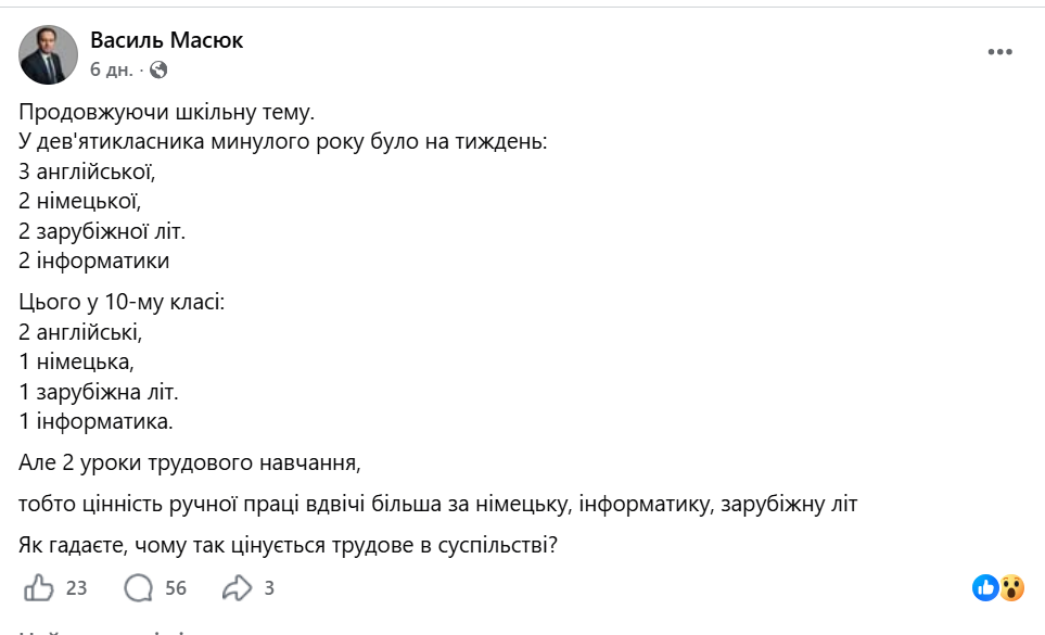 Пост Василя Масюка, який спричинив суперечки через кількість уроків із технологій у школах