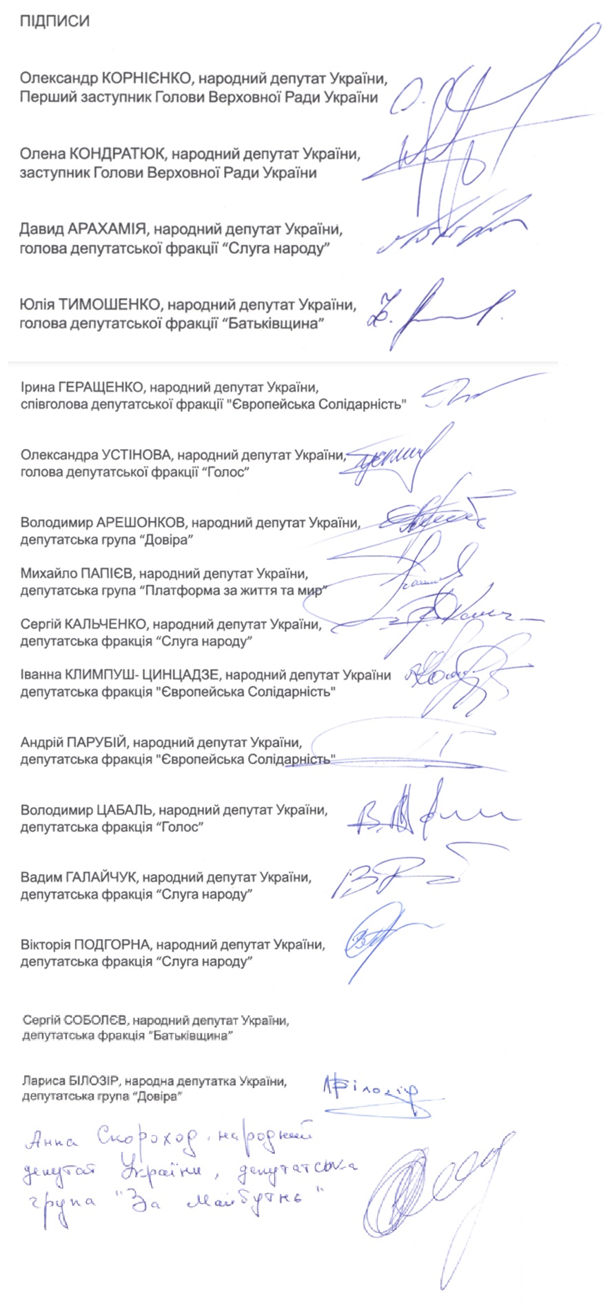 Свої підписи під намірами не проводити вибори до завершення війни поставили представники всіх парламентських фракцій та груп, крім «Відновлення України» 