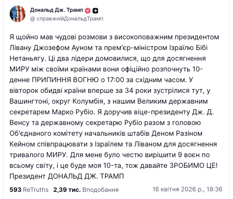 Ізраїль та Ліван домовились про десятиденне перемир'я – Трамп фото 1