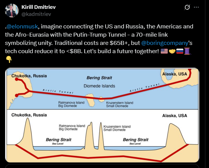 Кремль запропонував побудувати тунель між США і РФ на честь Путіна та Трампа фото 1
