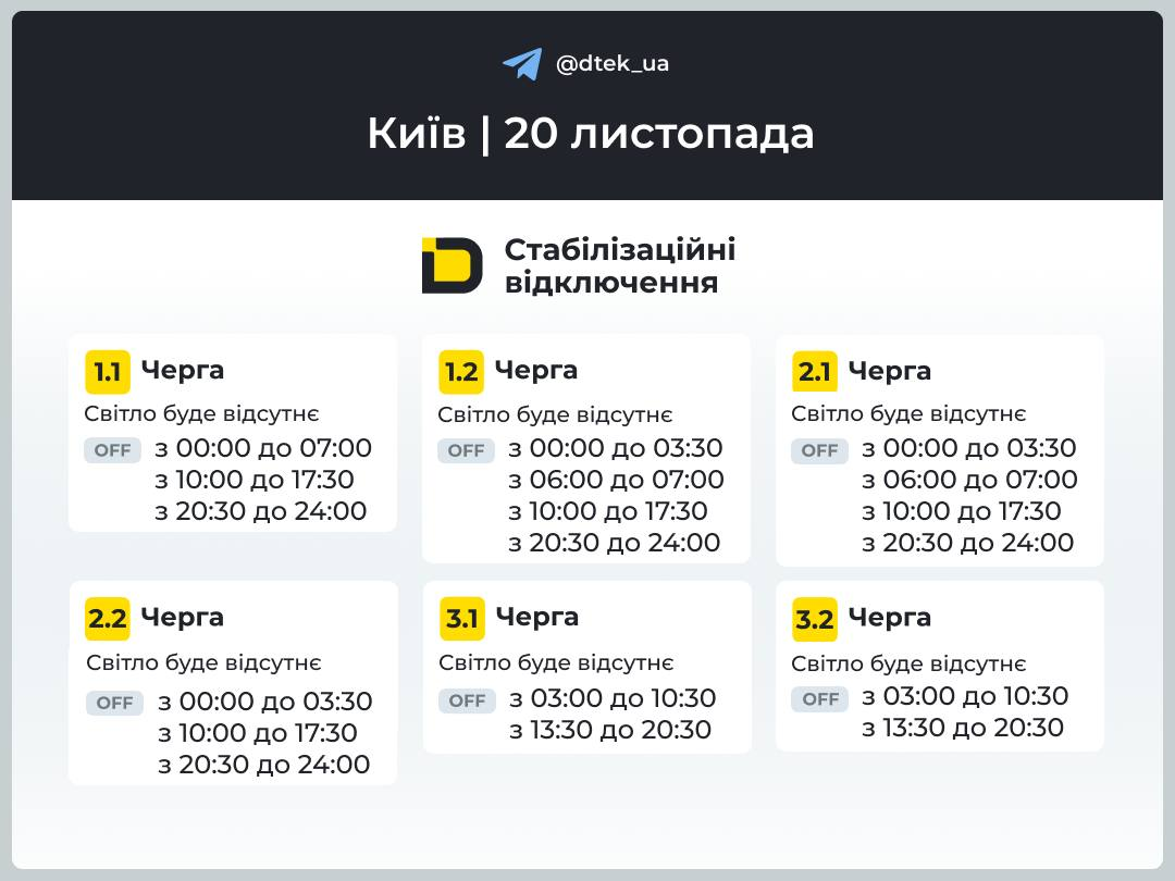 Київ: графіки відключення світла 20 листопада 2025 року фото 1
