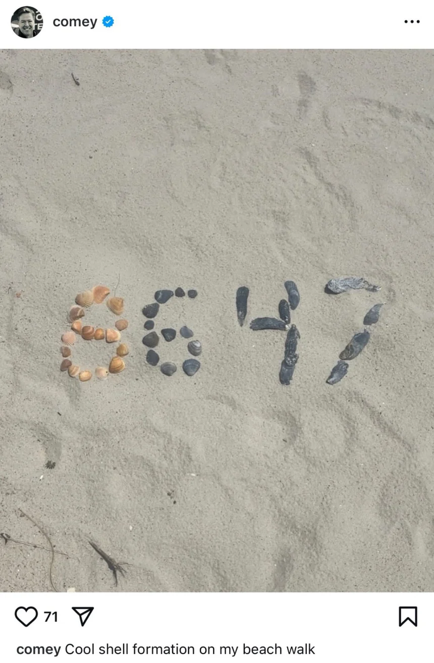 У дописі Джеймса Комі в Instagram були зображені мушлі, з яких складено цифри «8647». Цифра 86 часто може означати позбавлення від чогось або викидання чогось, тоді як 47 відповідає поточному терміну повноважень Трампа як 47-го президента. Республіканці стверджували, що це була погроза на адресу Трампа, тоді як Комі заявив, що «не усвідомлював, що деякі люди асоціюють ці цифри з насильством»