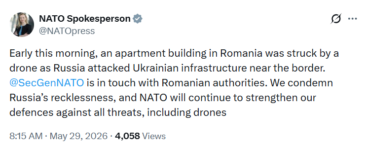 НАТО прокоментувало падіння російського БпЛА на багатоповерхівку в Румунії фото 1