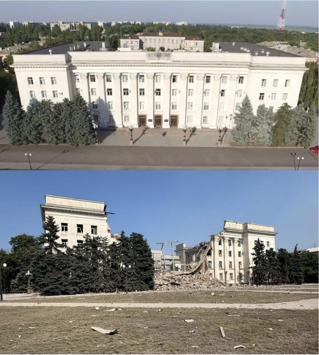 Будівля ОДА до повномасштабного вторгнення та після ударів РФ 05.06.2025 року