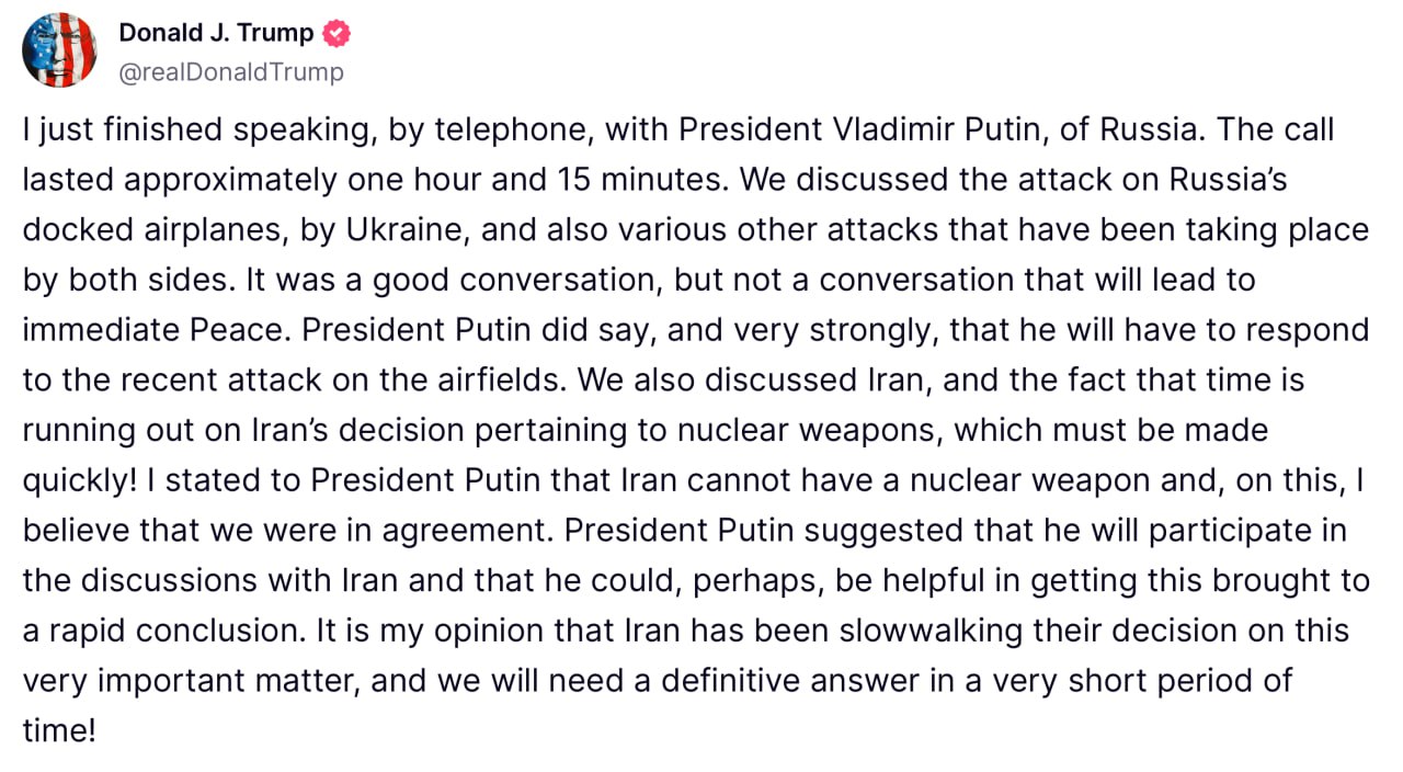 Трамп поговорив із Путіним. Останній пообіцяв «відповідь» за атаки на аеродроми фото 1