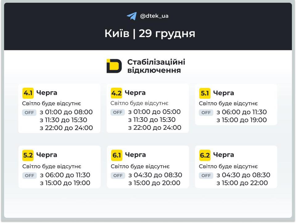Графіки відключення світла у Києві 29 грудня 2025 року
