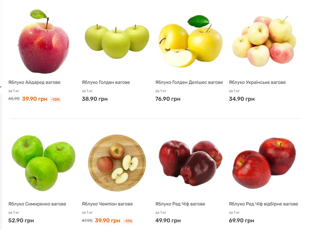 Ціни на яблука у мережі «Варус»