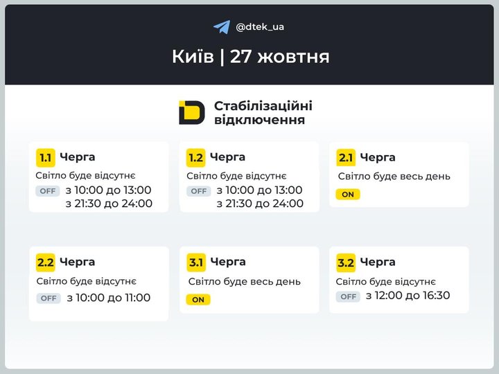 Графік відключень світла у Києві 27 жовтня (1-3 черги)
