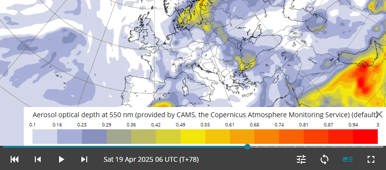 Кліматична мапа розповсюдження пилу з Сахари на 19 квітня