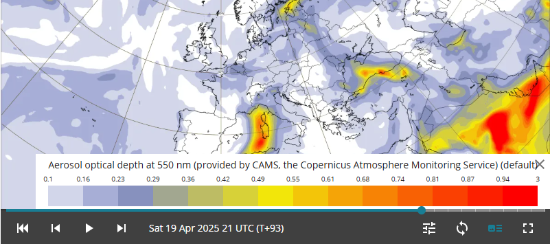 Кліматична мапа розповсюдження пилу з Сахари на 20 квітня