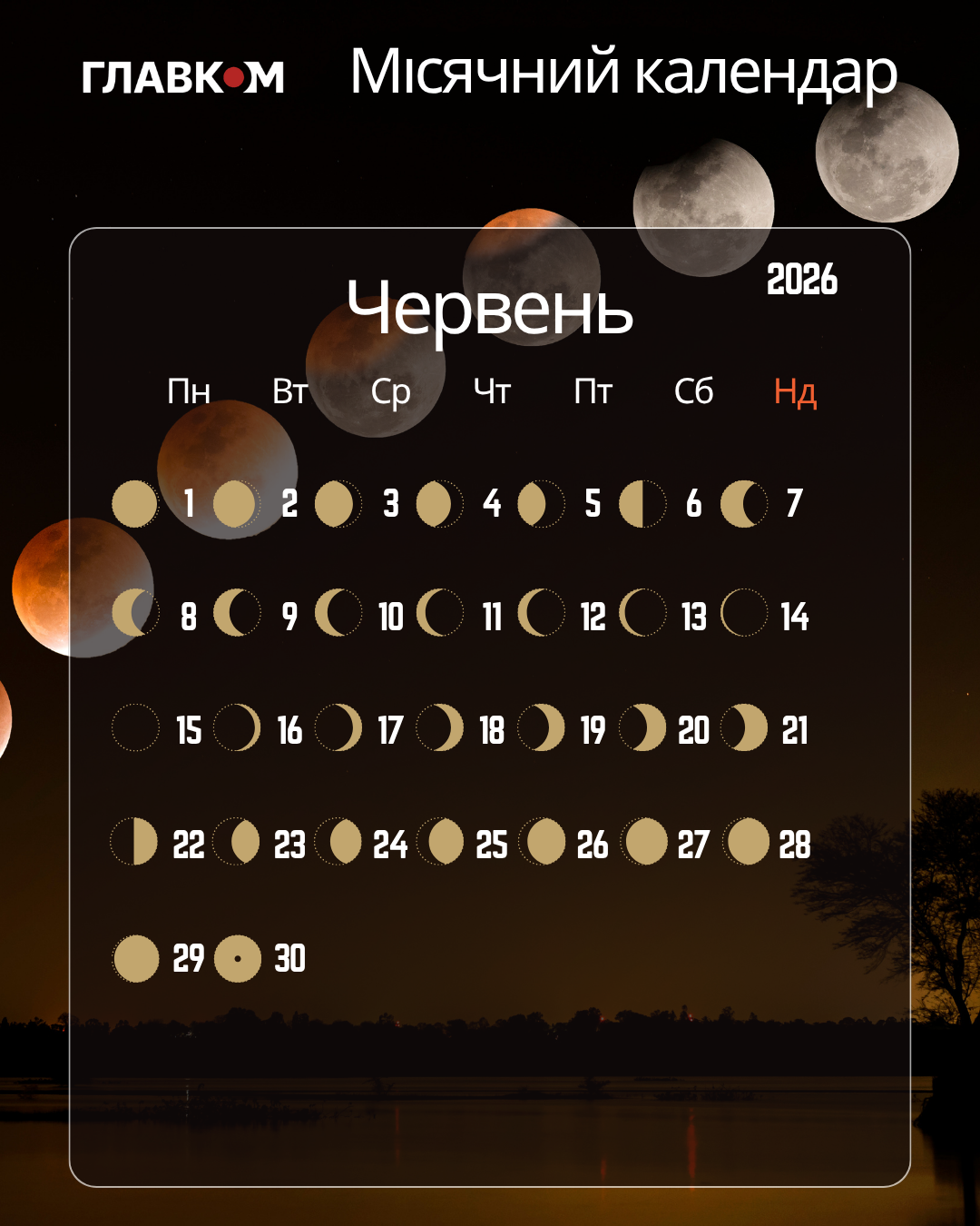 Місячний календар на червень 2026: дати нового та повного Місяця фото 1