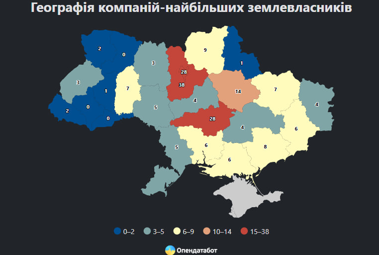 Найбільші компанії землевласників зареєстровані на територіях, що постраждали від війни
