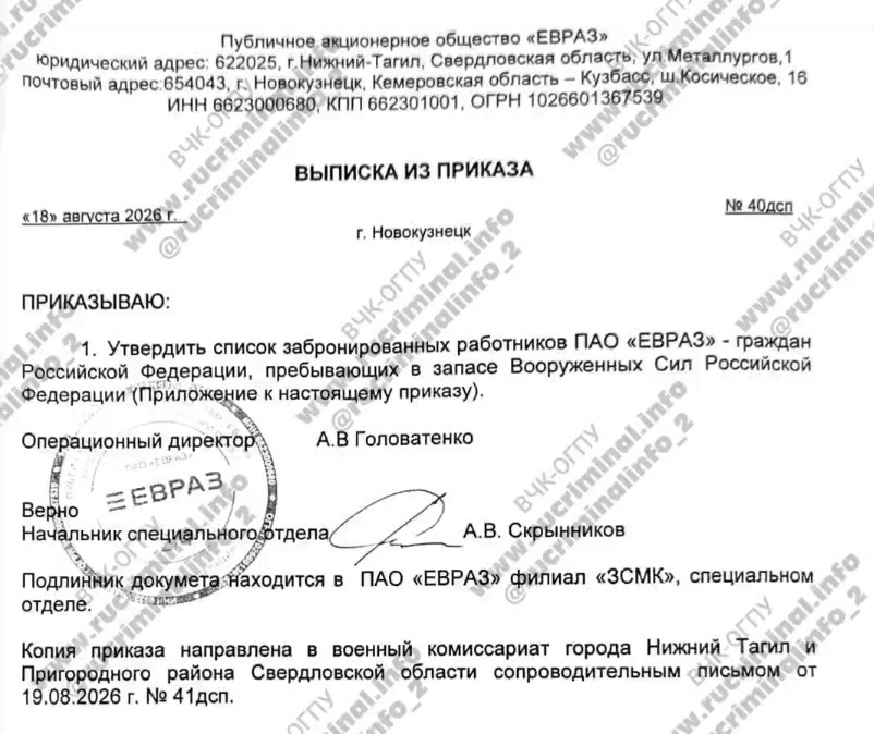 Документи одного з найбільших російських виробників сталі «Євраза»