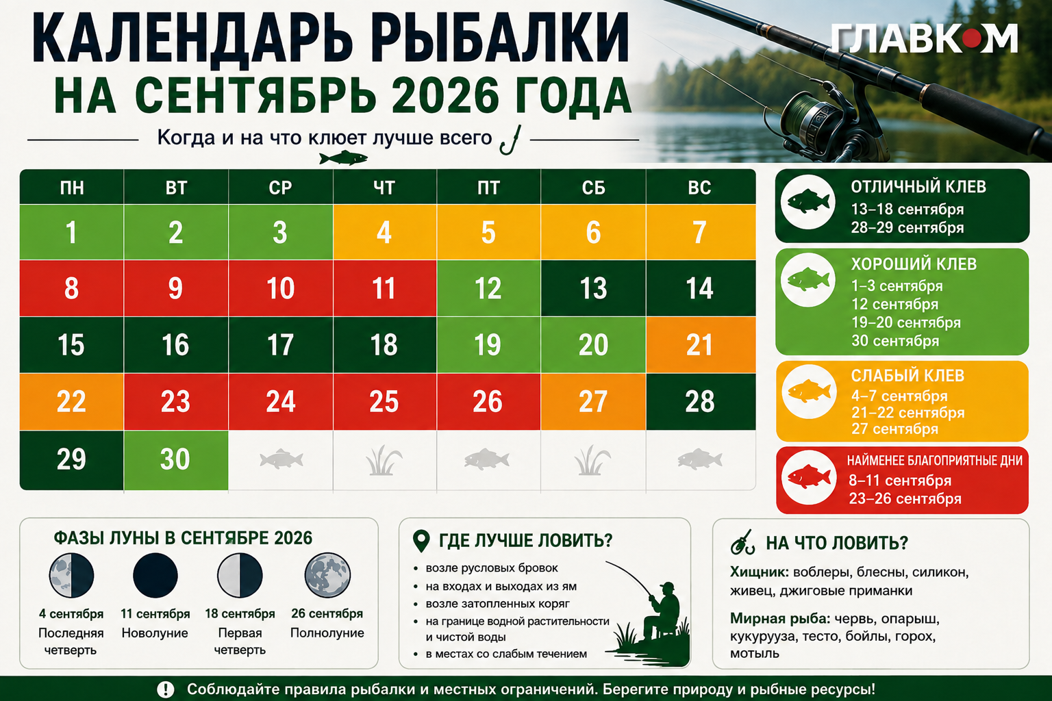 Календарь рыбалки на сентябрь 2026