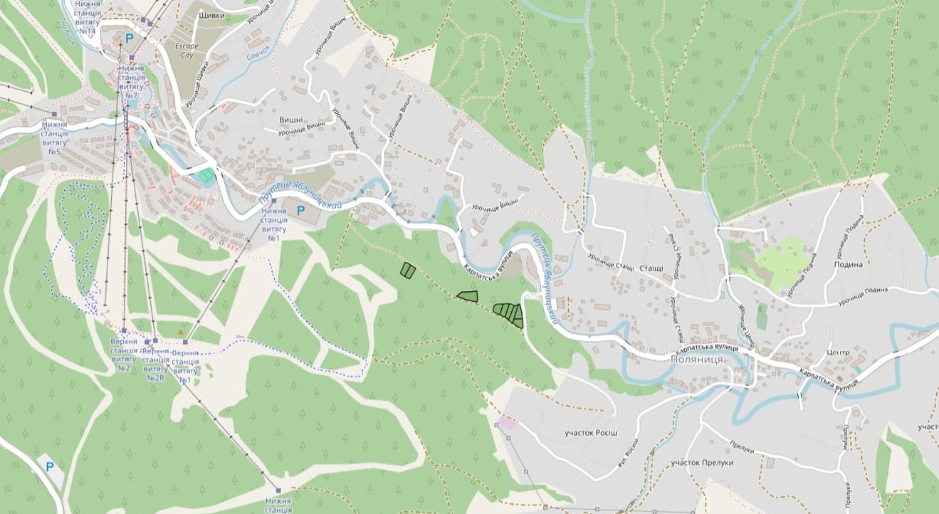 Карта Буковеля, на якій темним зеленим позначені ділянки, щодо яких тривають судові позови