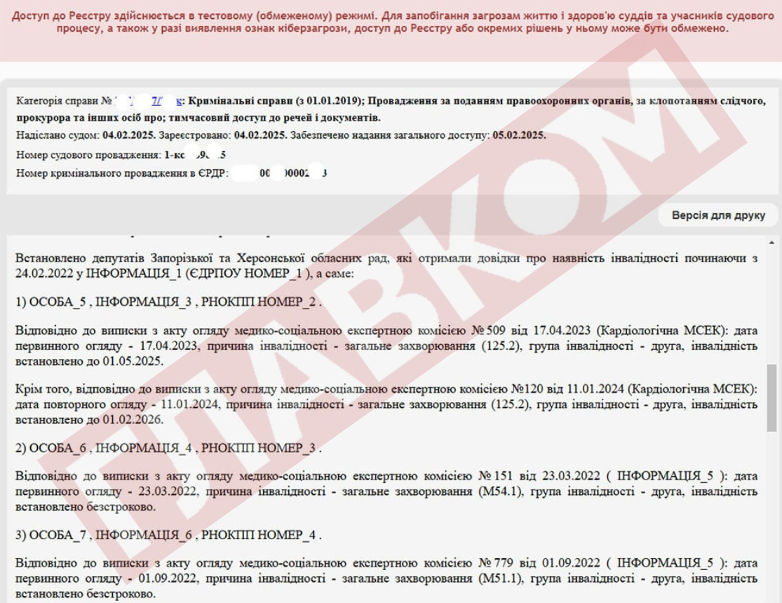 У судових ухвалах є згадки про депутатів Херсонської, Миколаївської, Запорізької, Вінницької та Хмельницької обласних рад, у яких з’явилася інвалідність, починаючи з 24 лютого 2022 року