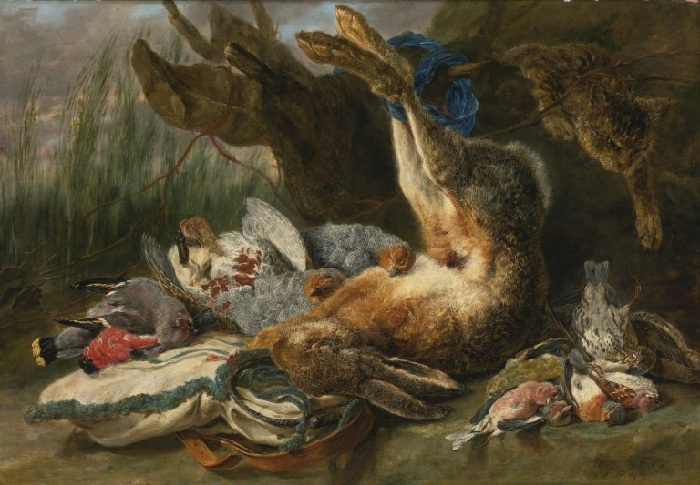 «Натюрморт с зайцем, дичью и котом». (1644). Холст, масло. 60.3х87.7см Автор: Ян Фейт