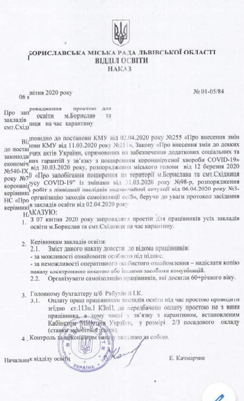 Розпорядження відділу освіти Бориславської міської ради
